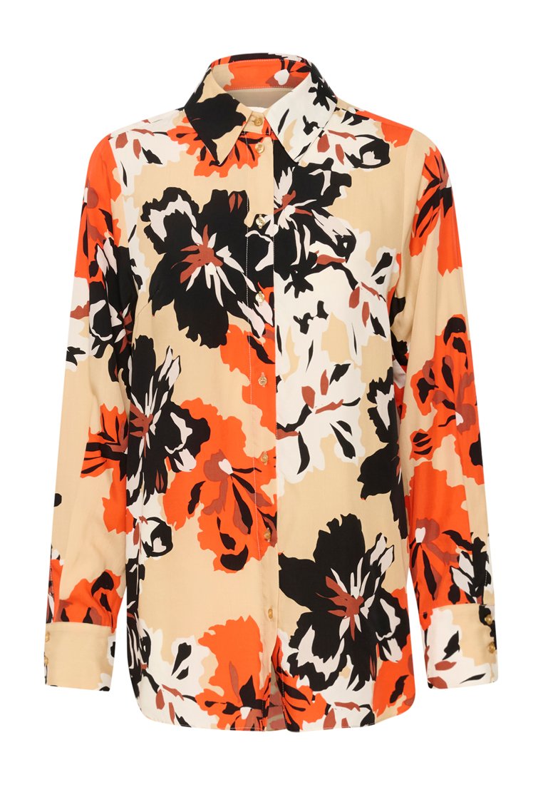 Langärmliges Hemd mit Knopfleiste, das ein florales Muster in Orange, Schwarz und Weiß auf einem beigen Hintergrund zeigt. Glattes Material mit klassischem Kragen.