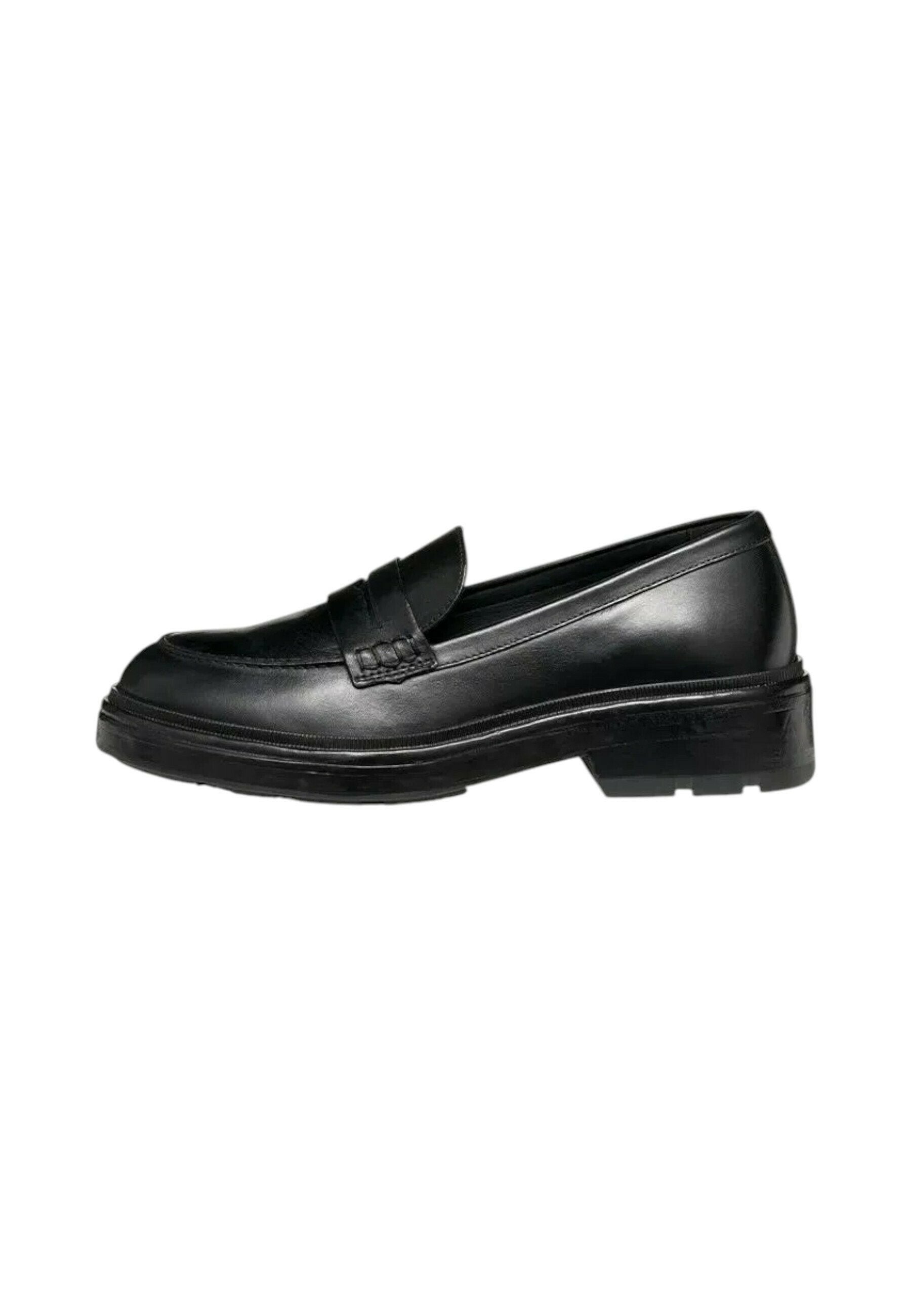 Schwarzer Leder-Slipper mit Schlupf-Design, ausgestattet mit einem dekorativen Riemen und einer strukturierten Sohle für besseren Halt.