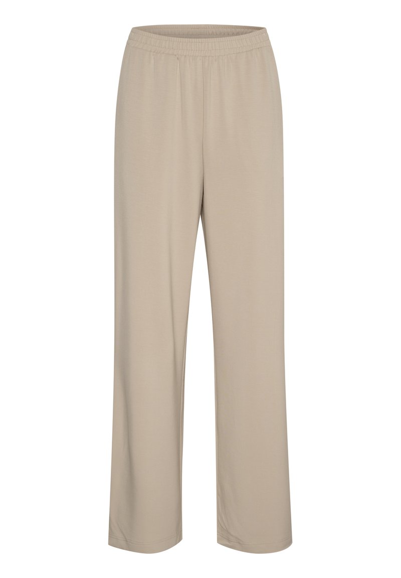 Beige Hose mit elastischem Bund und lockerem Schnitt; aus weichem, leichtem Stoff; mit geradem Bein-Design und ohne sichtbare Muster.