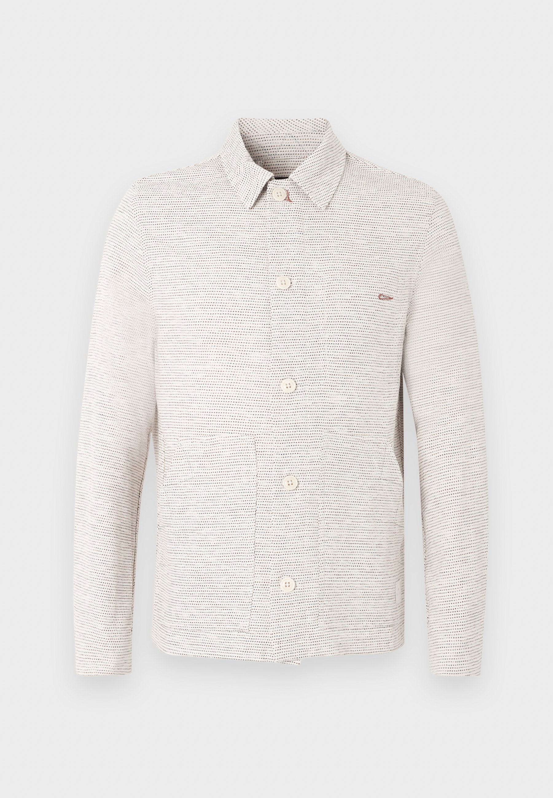 Hellbeige legere Hemdjacke mit dezentem horizontalem Streifenmuster, langen Ärmeln, Kragen und Vorderentaschen.