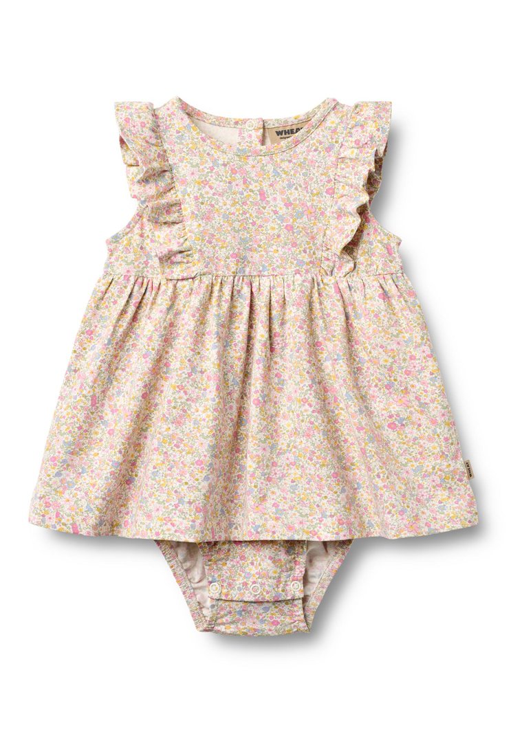 Blumenkleid mit Rüschenärmeln, das einen hellrosa Hintergrund und mehrfarbige kleine Blumen zeigt. Angesetzter Rockteil mit Druckknöpfen.