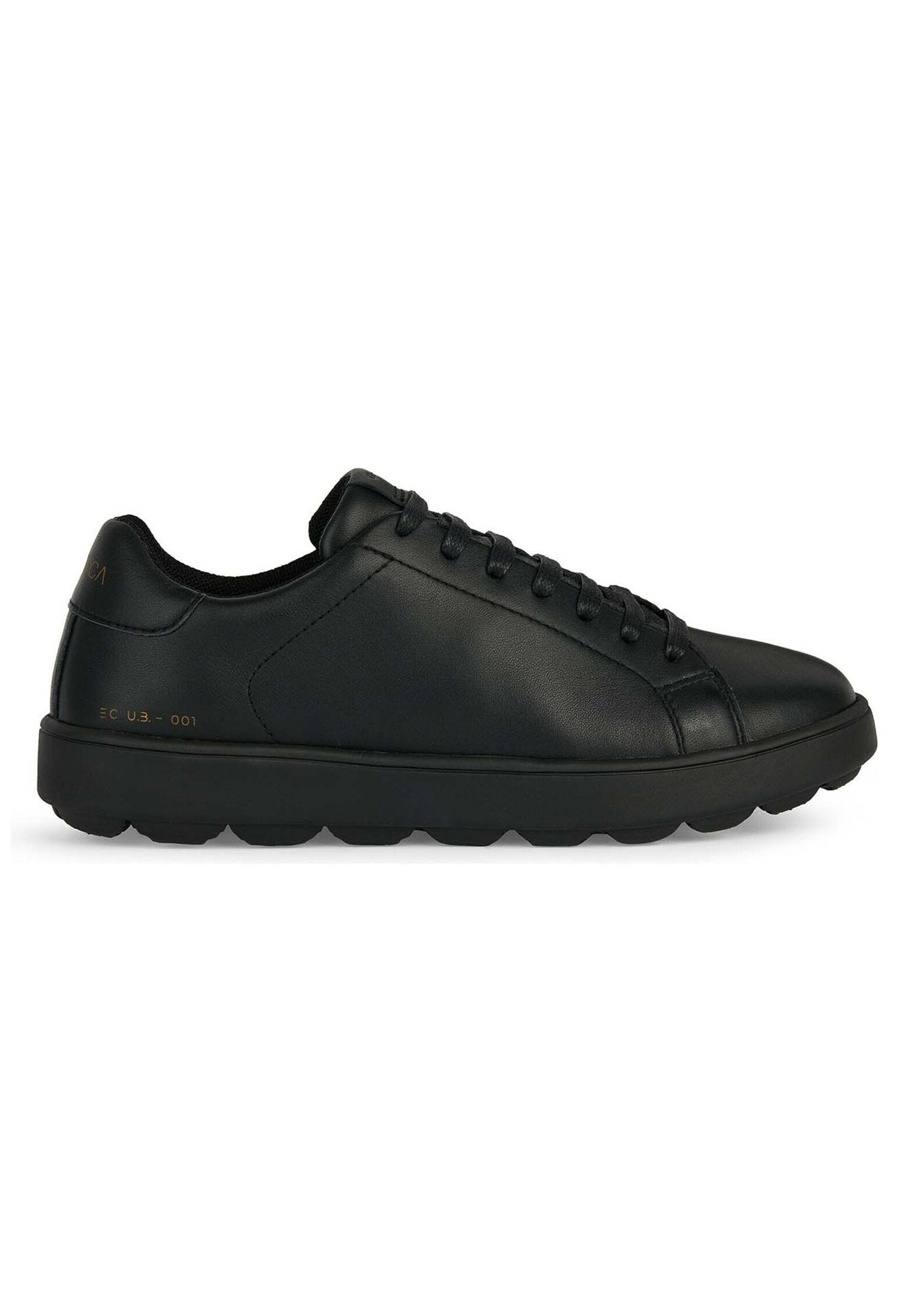 Schwarze Ledersneaker mit glatter Textur, runder Zehenpartie, flacher Sohle und farblich abgestimmtem Schnürsenkel. Enthält dezentes Branding in Gold an der Seite.