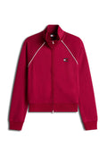 Rote Reißverschlussjacke mit hohem Kragen, geripptem Saum und Bündchen, mit weißen Paspelierungen an den Schultern und einem Markenlogo auf der Brust.