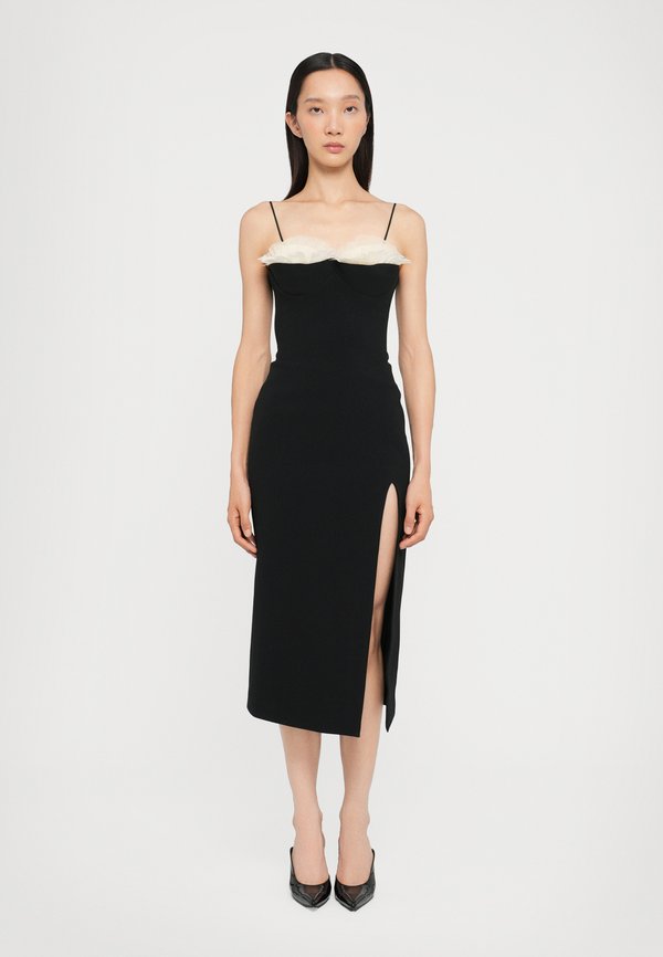 David Koma RUFFLE FEATHER BALCONETTE BRA OPEN LEG MIDI DRESS