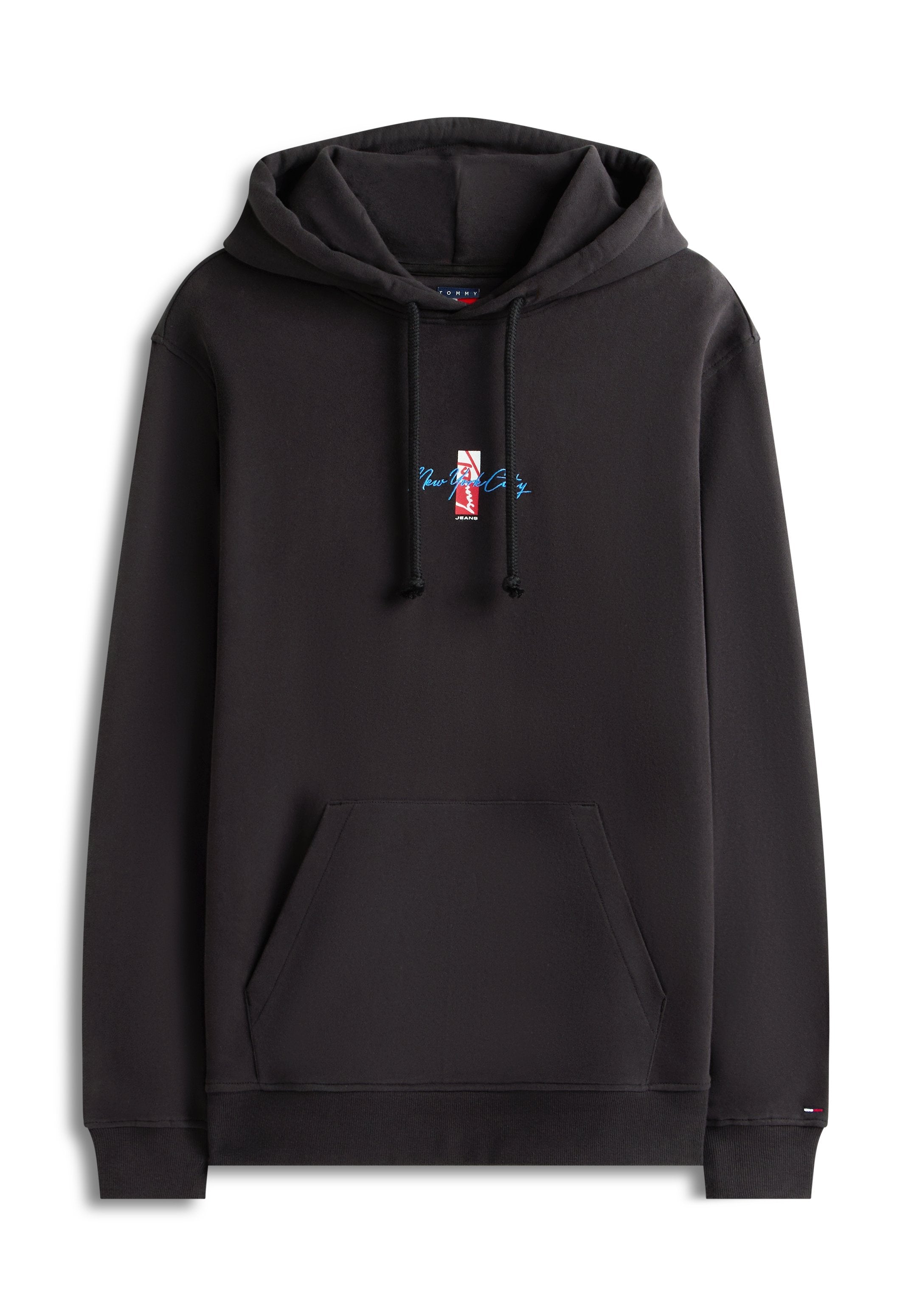 Schwarzer Hoodie mit Kapuze, Vordertasche, Kordelzug und kleinem zentralem Logo mit rotem, weißem und blauem Schriftzug "New York City" und Markenname.