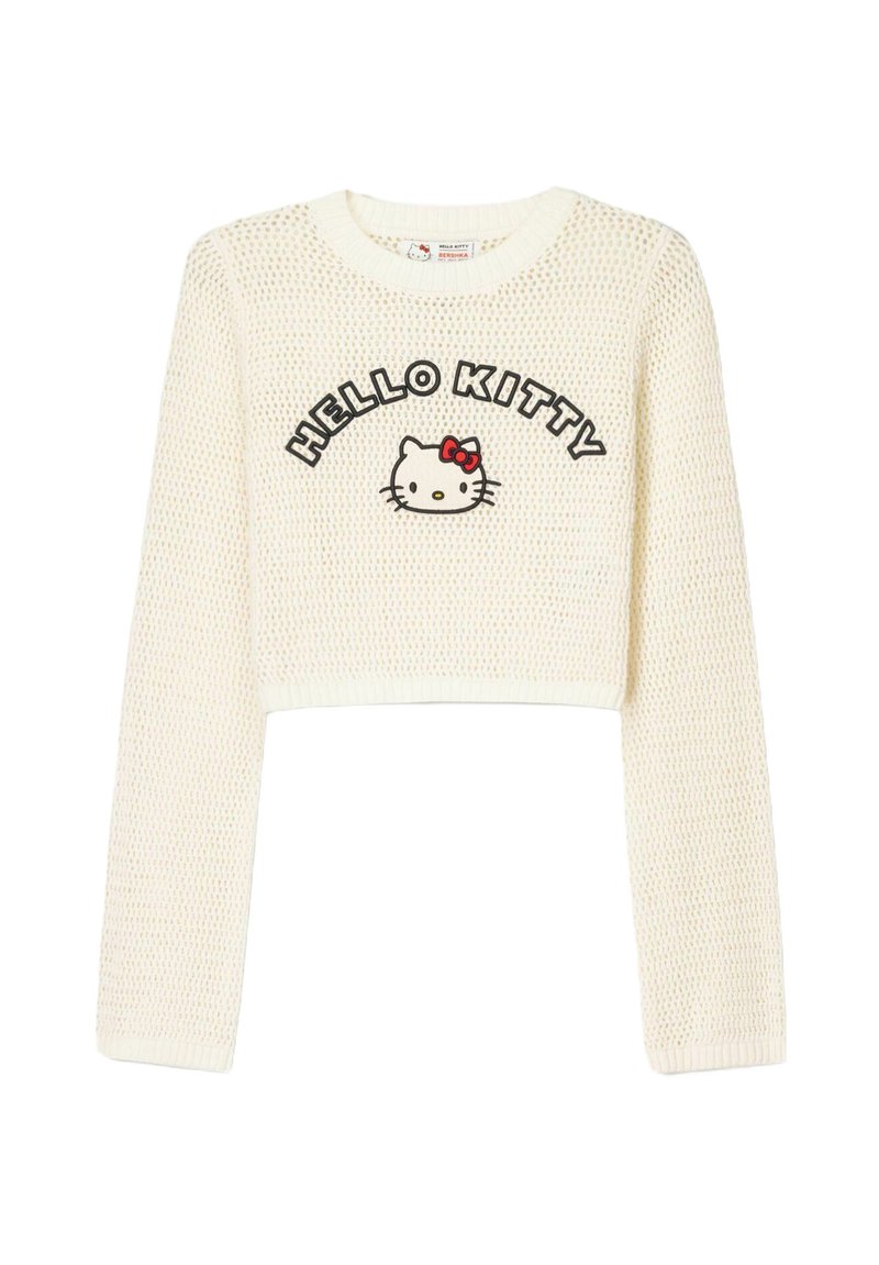 Gemusterter Pullover aus cremefarbenem Strickstoff mit langen Ärmeln. Mit dem Text "HELLO KITTY" und einer Grafik des Gesichts von Hello Kitty mit einer roten Schleife.