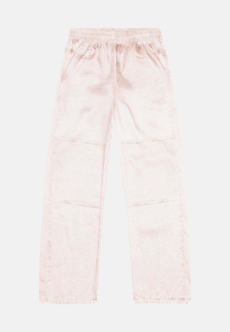 Helle rosa weit geschnittene Hosen mit elastischem Bund, vorderen und hinteren Taschen sowie gesteppten Kniefelgen.
