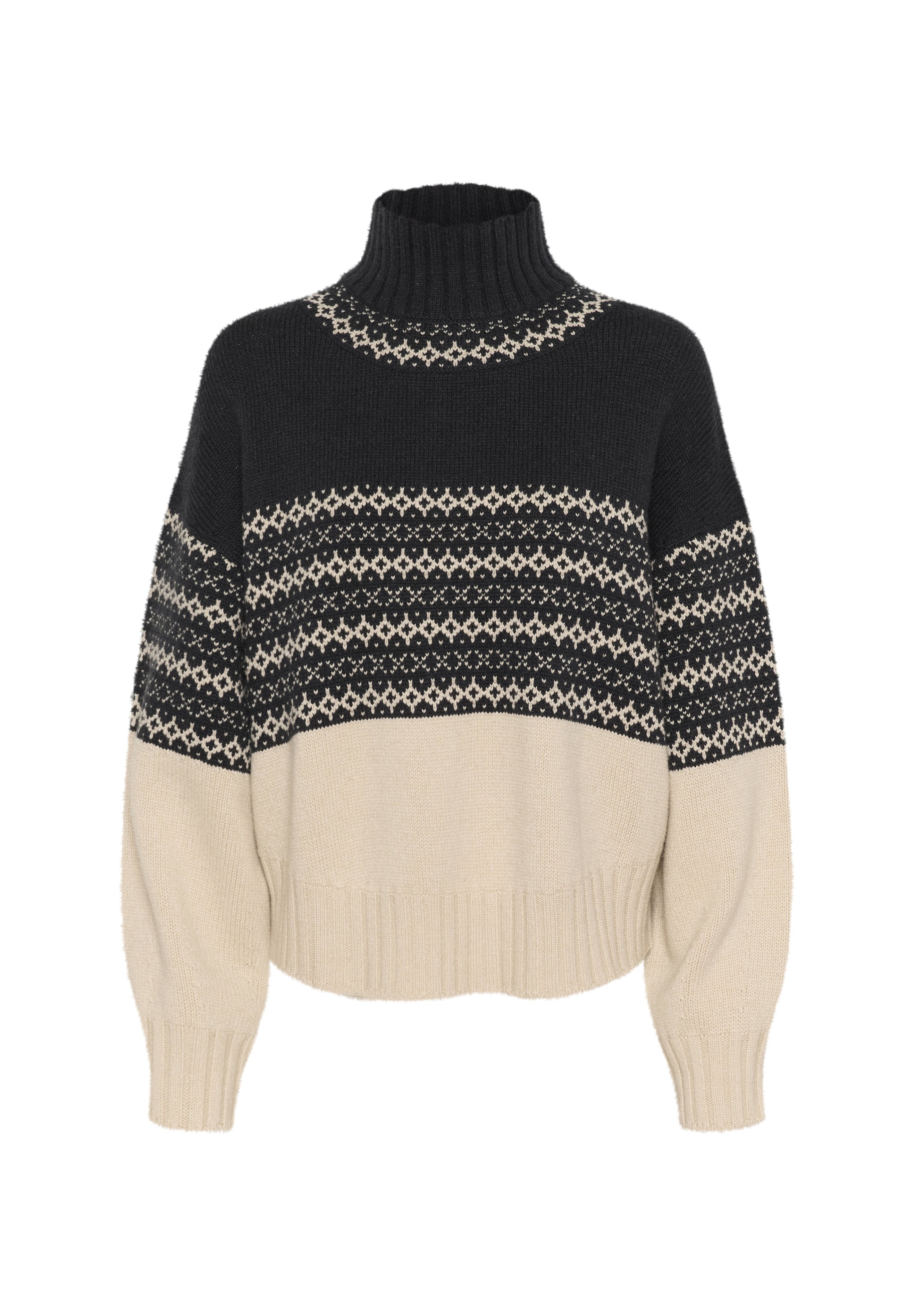 Gestreifter Rollkragenpullover in Schwarz und Creme, mit einem geometrischen Muster über der Brust sowie gerippten Bündchen und Saum. Weiche Textur.