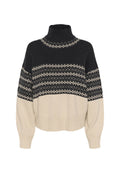 Gestreifter Rollkragenpullover in Schwarz und Creme, mit einem geometrischen Muster über der Brust sowie gerippten Bündchen und Saum. Weiche Textur.