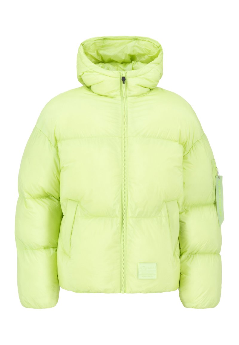 Limonengrüne Pufferjacke mit Kapuze, Reißverschluss vorne und Seitentaschen. Verfügt über ein rechteckiges Etikett auf der Vorderseite und ein Stoffetikett am Ärmel.