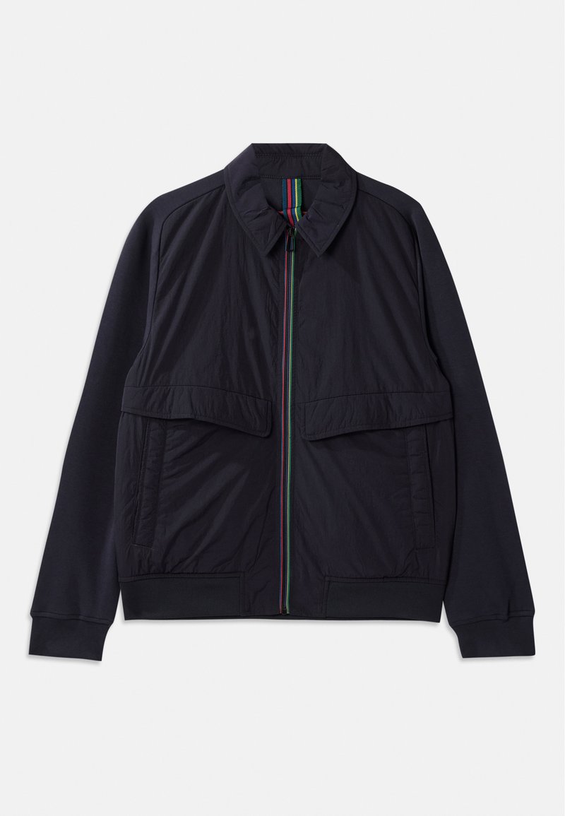 Marineblaues Jacket mit einem Reißverschluss vorne, einem mehrfarbigen gestreiften Blendenbesatz, zwei großen Fronttaschen und einem gerippten Saum. Texturierte Stoffoberfläche.