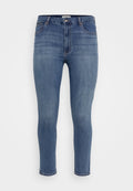 Blaue Denim-Jeans mit schlanker Passform, fünf Taschen, Knopfverschluss und leichtem Farbverlauf. Knöchellang mit einem sauberen Saum.