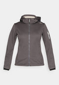 Dunkelgraue Jacke mit Reißverschluss und angenähter Kapuze, langen Ärmeln, Handgelenkbündchen und einer kleinen Reißverschlusstasche am linken Oberarm.