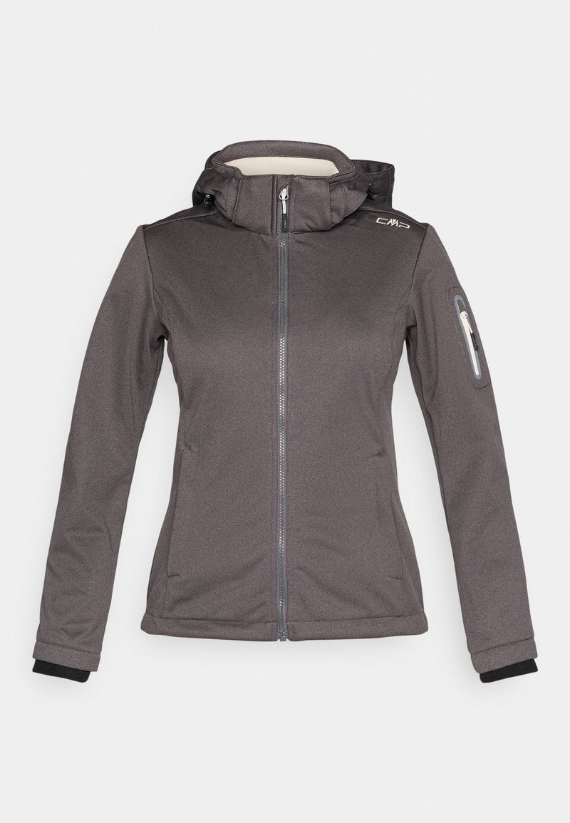 Dunkelgraue Jacke mit Reißverschluss und angenähter Kapuze, langen Ärmeln, Handgelenkbündchen und einer kleinen Reißverschlusstasche am linken Oberarm.