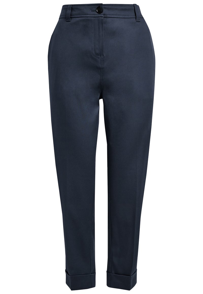 Navyblaue maßgeschneiderte Hose mit vorderem Knopfverschluss, Gürtelschlaufen und umgeschlagenen Säumen.