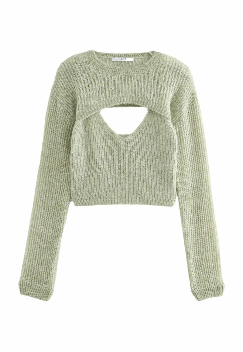 Hellgrüner, kurz geschnittener Pullover mit langen Ärmeln, der an der Vorderseite einen großen Ausschnitt und eine gerippte Textur aufweist. Weicher Stoff mit lockerer Passform.