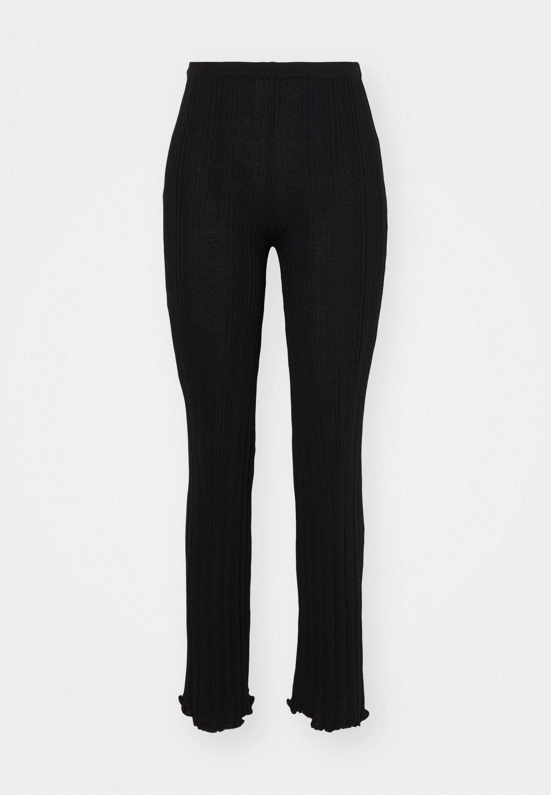 Schwarze gerippte Hosen mit ausgestellt geschnittenem Bein, ausgestattet mit einem strukturierten Design und einem elastischen Bund. Glattes, leichtes Material mit einer figurbetonten Silhouette.