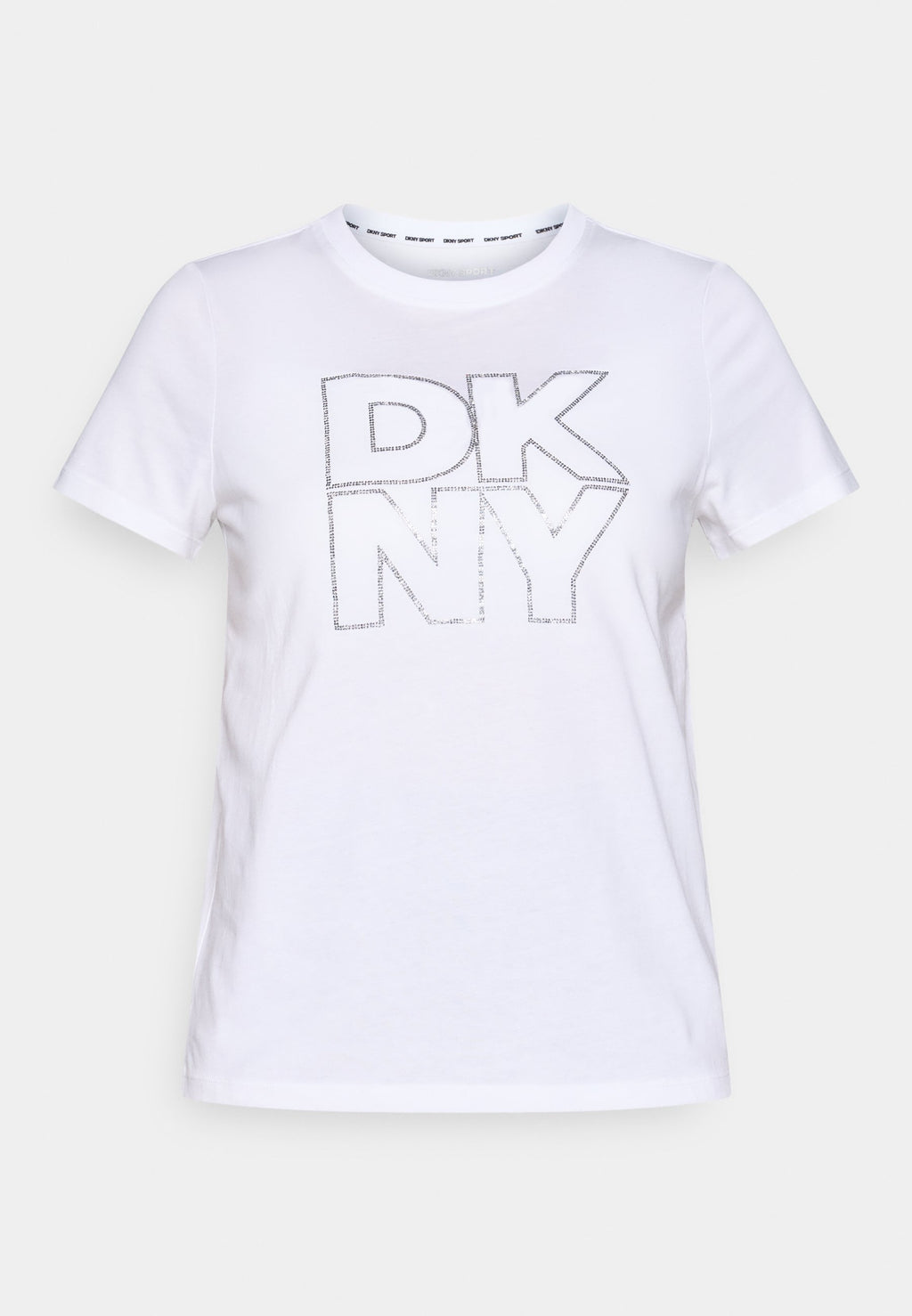 DKNY DOUBLE OUTLINE RHINESTONE LOGO SHORT SLEEVE RELAXED FIT CREW NECK TEE
