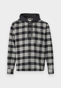 Schwarz-weißer Karobluse aus Flanell mit grauem Kapuzen, ausgestattet mit einer Knopfleiste und einer Brusttasche, die eine weiche Textur aufweist.