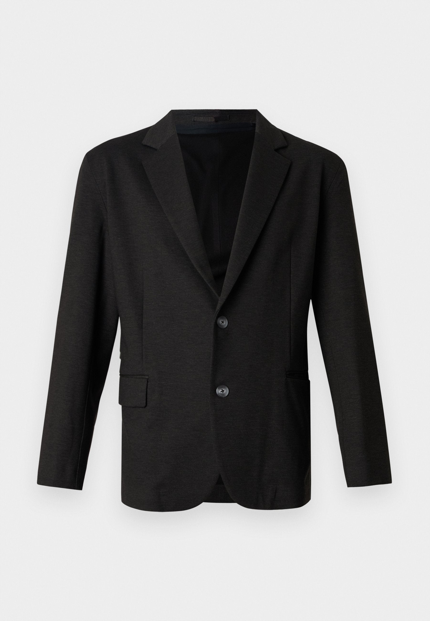 Dunkelgrauer Blazer aus glattem, strukturiertem Stoff. Mit Reverskragen, zwei vorderen Knöpfen und einer einzelnen Tasche auf der linken Seite.