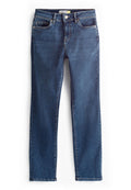 Dunkelblaue Jeans aus Denim mit geradem Bein, fünf Taschen, frontale Knopfverschluss und dezente Nahtverzierungen entlang der Nähte.