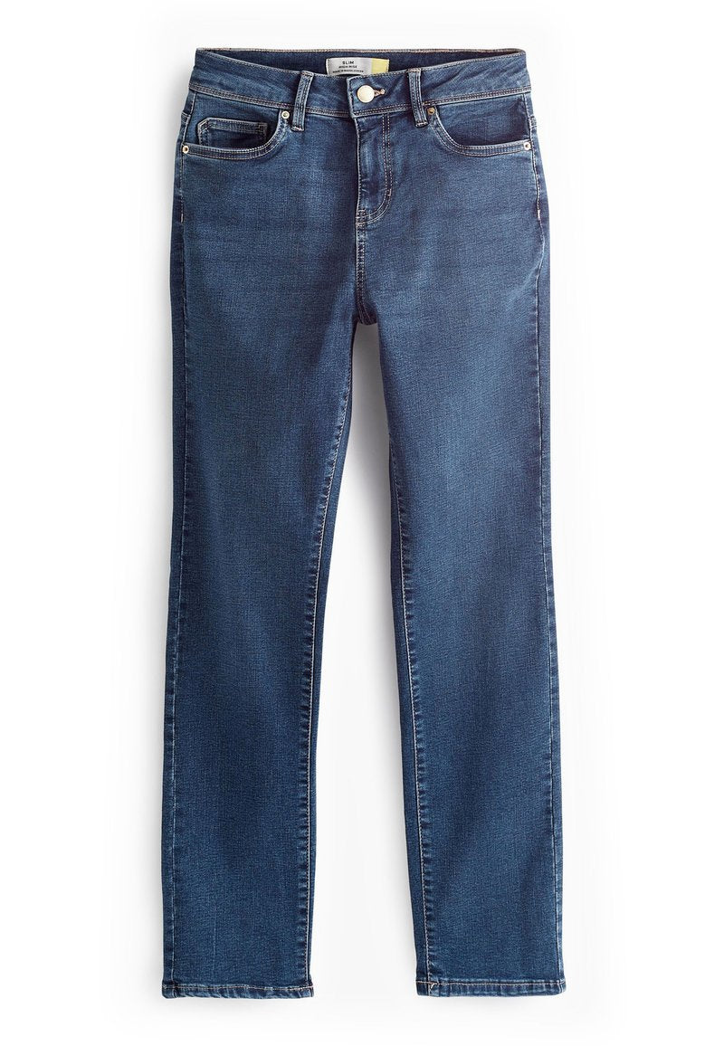 Dunkelblaue Jeans aus Denim mit geradem Bein, fünf Taschen, frontale Knopfverschluss und dezente Nahtverzierungen entlang der Nähte.