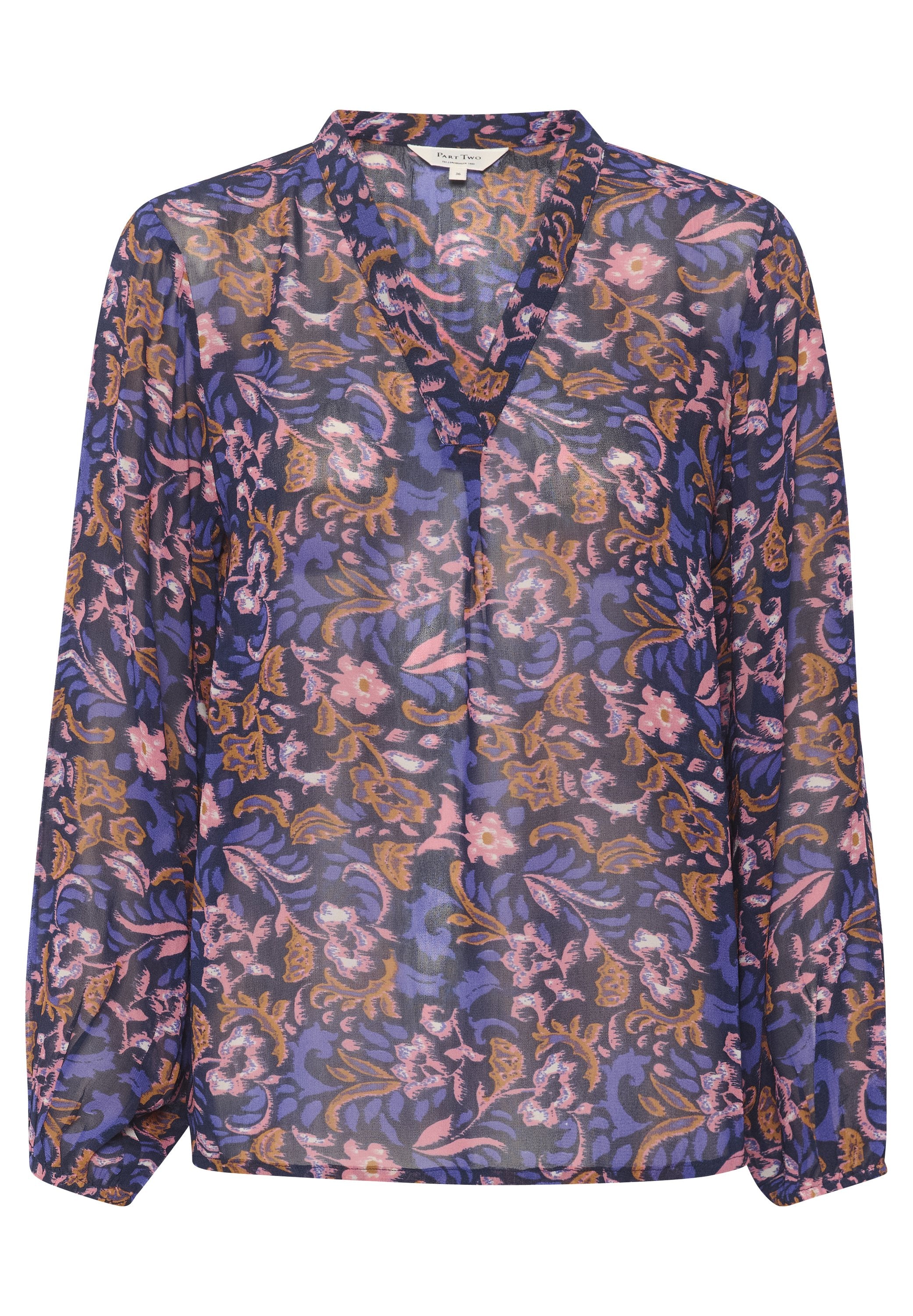 Durchsichtige Blumenbluse mit V-Ausschnitt und langen Ärmeln, die ein Muster aus rosa und lila Blumen auf einem dunklen Hintergrund zeigt.