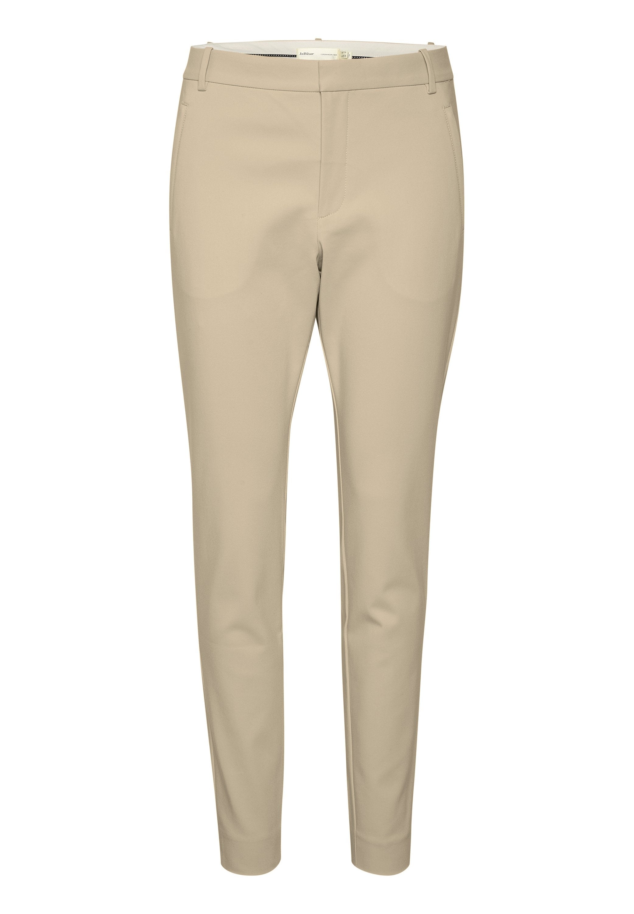 Beige maßgeschneiderte Hose aus glattem Stoff. Mit flacher Vorderseite, seitlichen Taschen und schlanker Passform mit schmalen Knöcheln. Keine sichtbaren Muster.