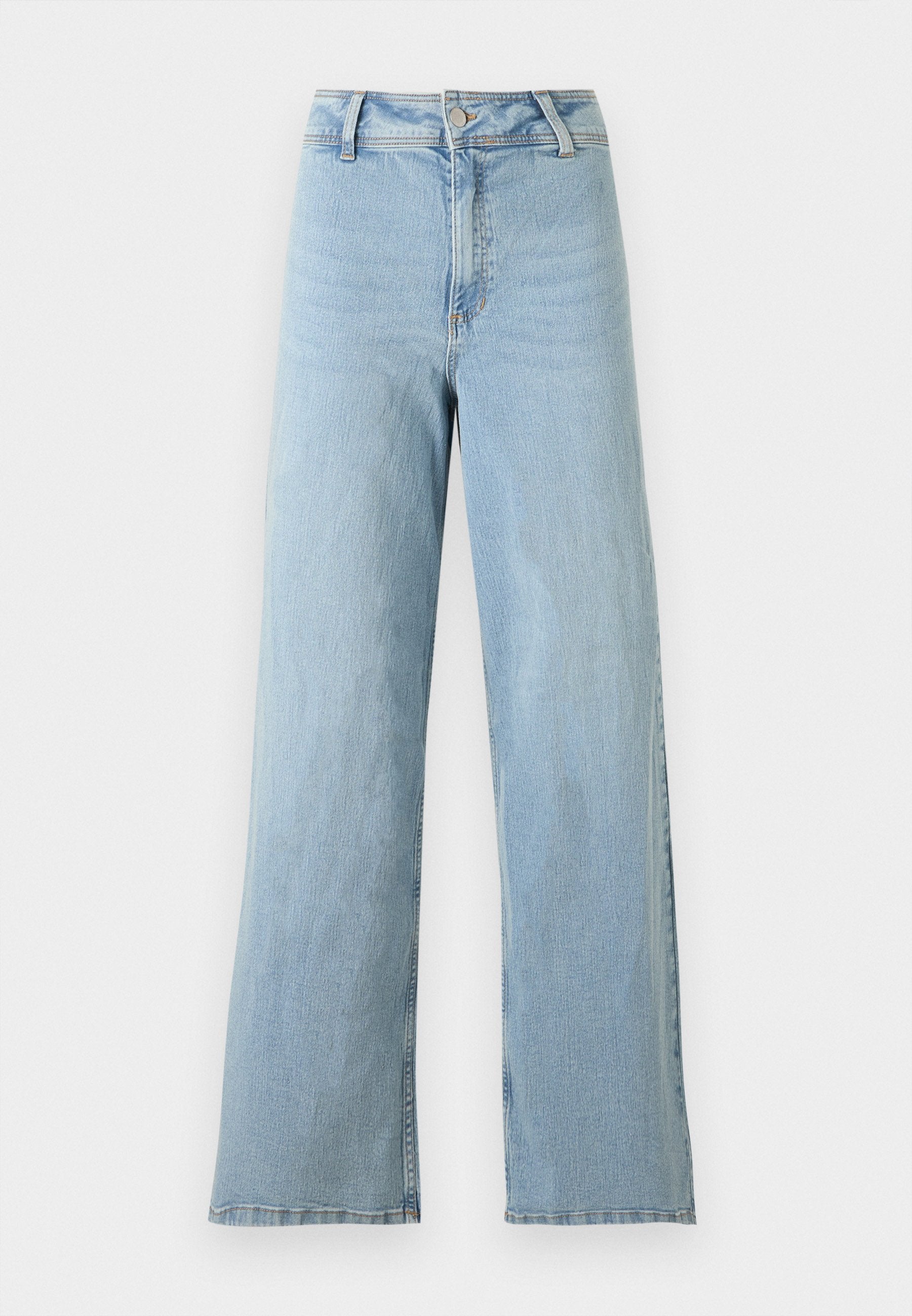 Hellblaue, hochgeschnittene Jeans mit weitem Bein, vorderem Knopf- und Reißverschluss, Gürtelschlaufen und ohne sichtbare Abnutzung.