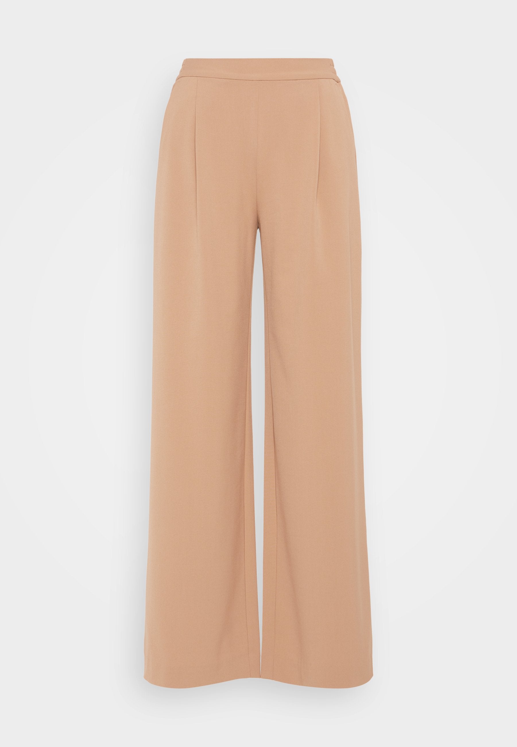 Beige weite Hosen mit glatter Textur, hohem Bund und vorderen Falten; maßgeschneiderter Schnitt, geeignet für legere oder formelle Anlässe.