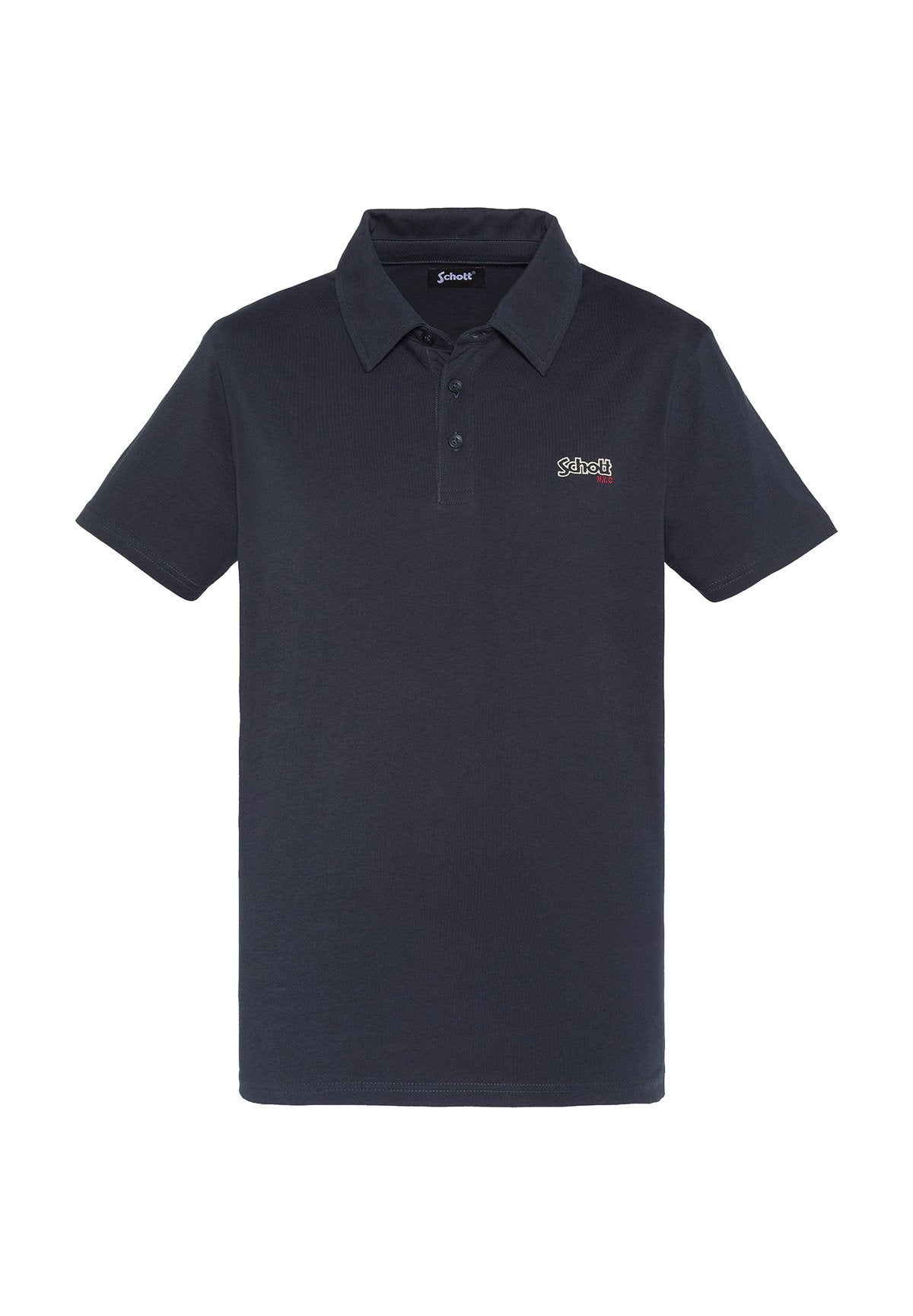 Marineblaue Poloshirt aus strukturiertem Baumwollstoff mit einer Knopfleiste mit drei Knöpfen, kurzen Ärmeln und einem Logo auf der linken Brust.
