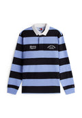 Langärmeliges Poloshirt in hellblauen und schwarzen horizontalen Streifen, mit weißem Kragen und gesticktem Logo auf der Brust.