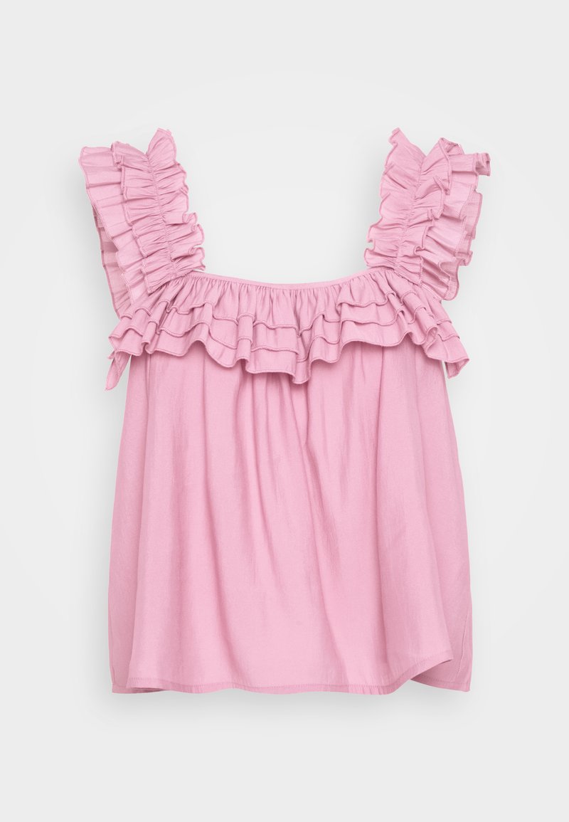 Helles rosa Oberteil mit Rüschensleeves und Ausschnitt. Weicher Stoff, lockerer Schnitt und gerafftes Design. Schlichter Saum mit seitlichen Schlitzen am unteren Ende.