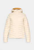 Dünne Jacke in hellem Creme mit einem Rautenmuster, Kapuze und Reißverschluss. Das Innenfutter hat ein kontrastierendes warmes orangefarbenes Design.