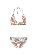 Bikini-Set mit einem Halter-Nacken-Top und niedrig geschnittenen Höschen, bestehend aus einem weißen Grundton und einem bunten tropischen Blattmuster in den Farben Grün, Pink und Orange.