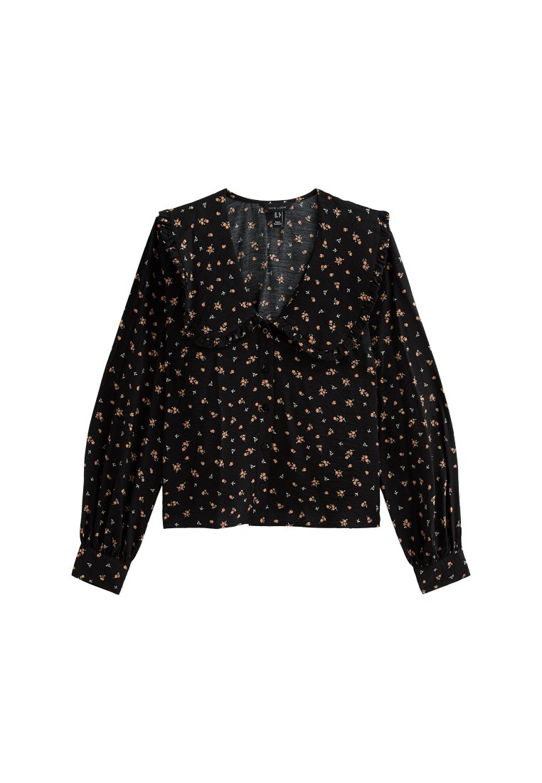Schwarze Bluse mit langen, gepufften Ärmeln, einem tiefen V-Ausschnitt und einem Blumenmuster in Beige und Orange. Weicher, leichter Stoff für Komfort.