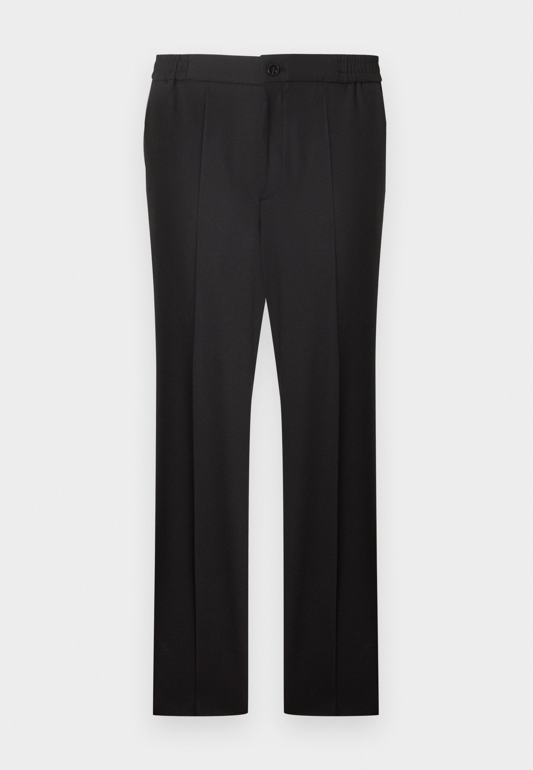 Schwarze formelle Hosen mit Vorderfalten, Knopf- und Reißverschluss sowie einem elastischen Taillenabschnitt.