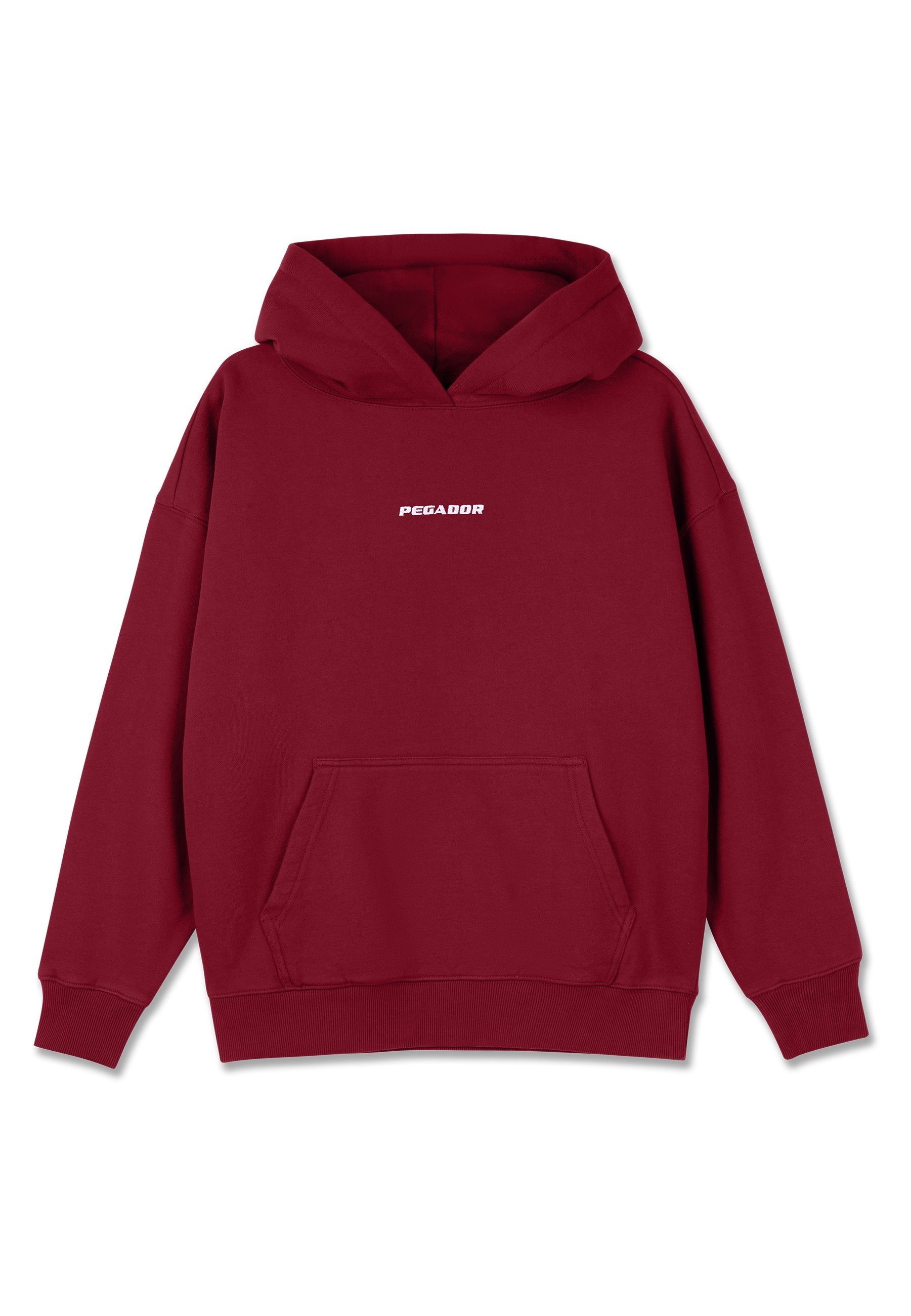 Burgunderfarbene Kapuzenjacke aus weichem Stoff, mit einer Fronttasche, gerippten Bündchen und einem weißen "PEGADOR"-Logo auf der Brust.