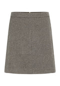 Grauer Tweed-Minirock mit subtiler Fischgrätmusterung, geradem Design, Reißverschluss hinten und strukturiertem Stoff.