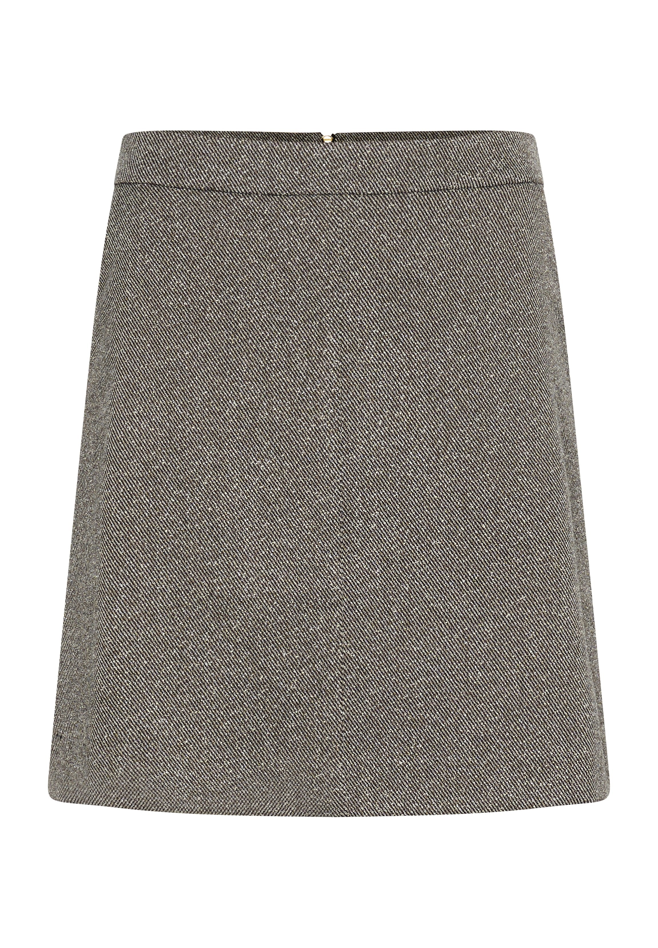 Grauer Tweed-Minirock mit subtiler Fischgrätmusterung, geradem Design, Reißverschluss hinten und strukturiertem Stoff.