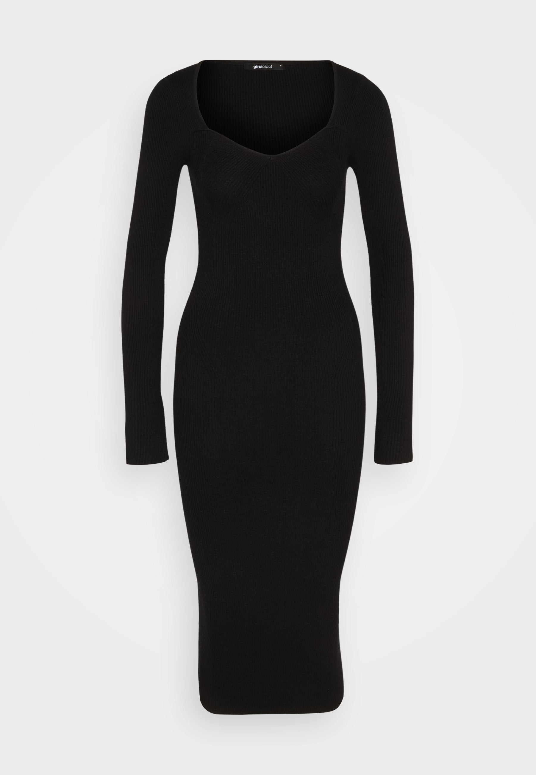 Schwarzes geripptes Strickkleid mit enganliegendem Schnitt, langen Ärmeln und tiefem V-Ausschnitt. Der Stoff hat eine glatte, dehnbare Textur.