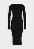 Schwarzes geripptes Strickkleid mit enganliegendem Schnitt, langen Ärmeln und tiefem V-Ausschnitt. Der Stoff hat eine glatte, dehnbare Textur.