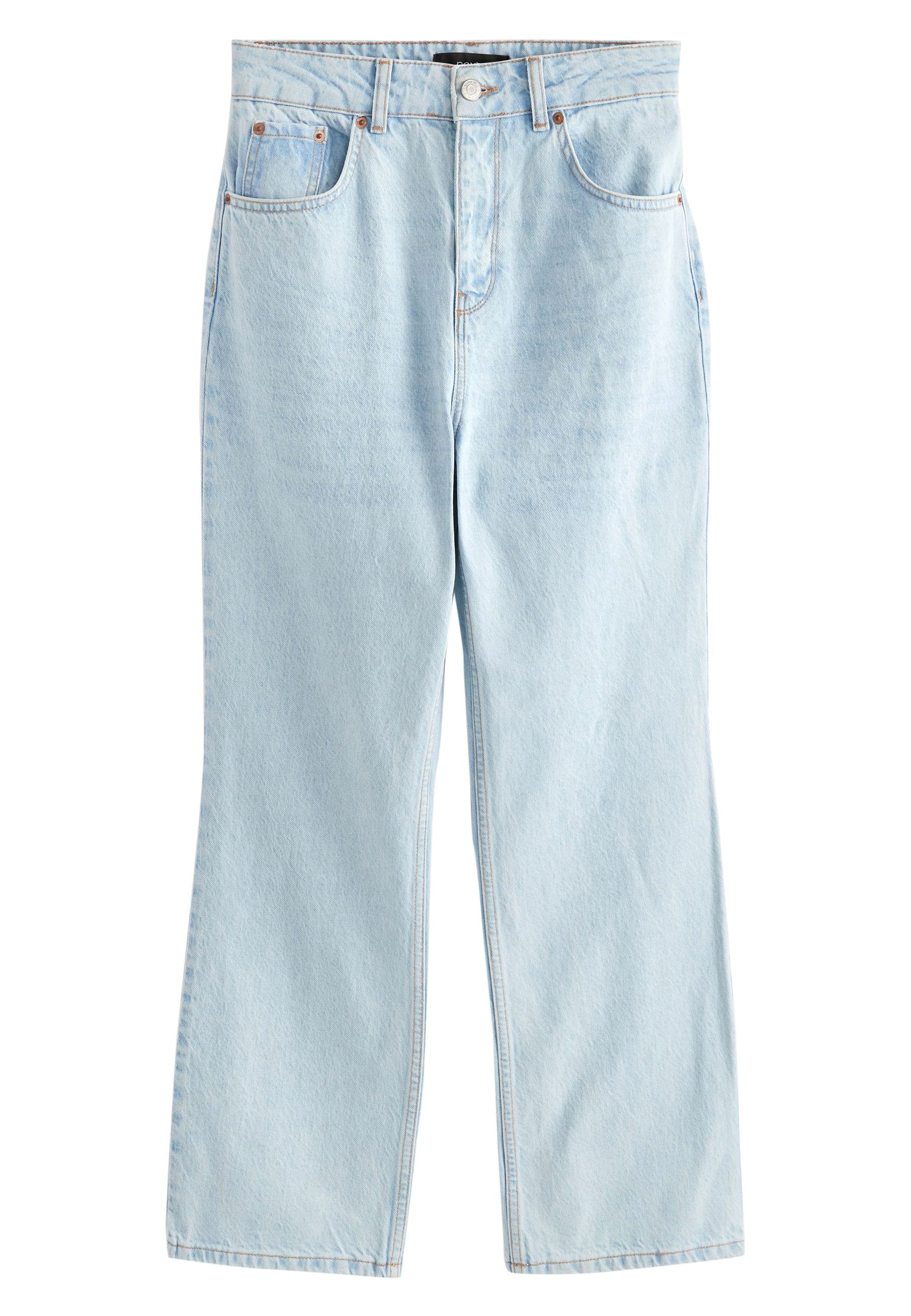 Hellblaue Jeans aus Denim mit hoher Taille, geradem Beinschnitt und sichtbaren Nähdetails. Sie verfügen über fünf Taschen und einen Knopfverschluss.