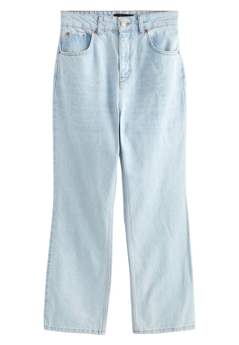 Hellblaue Jeans aus Denim mit hoher Taille, geradem Beinschnitt und sichtbaren Nähdetails. Sie verfügen über fünf Taschen und einen Knopfverschluss.