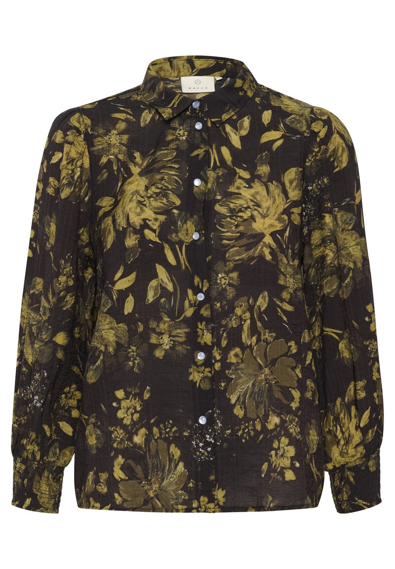 Langärmliges, schwarzes Hemd mit gelbem Blumenmuster. Leichter Stoff mit strukturierter Oberfläche und klassischem Kragen.