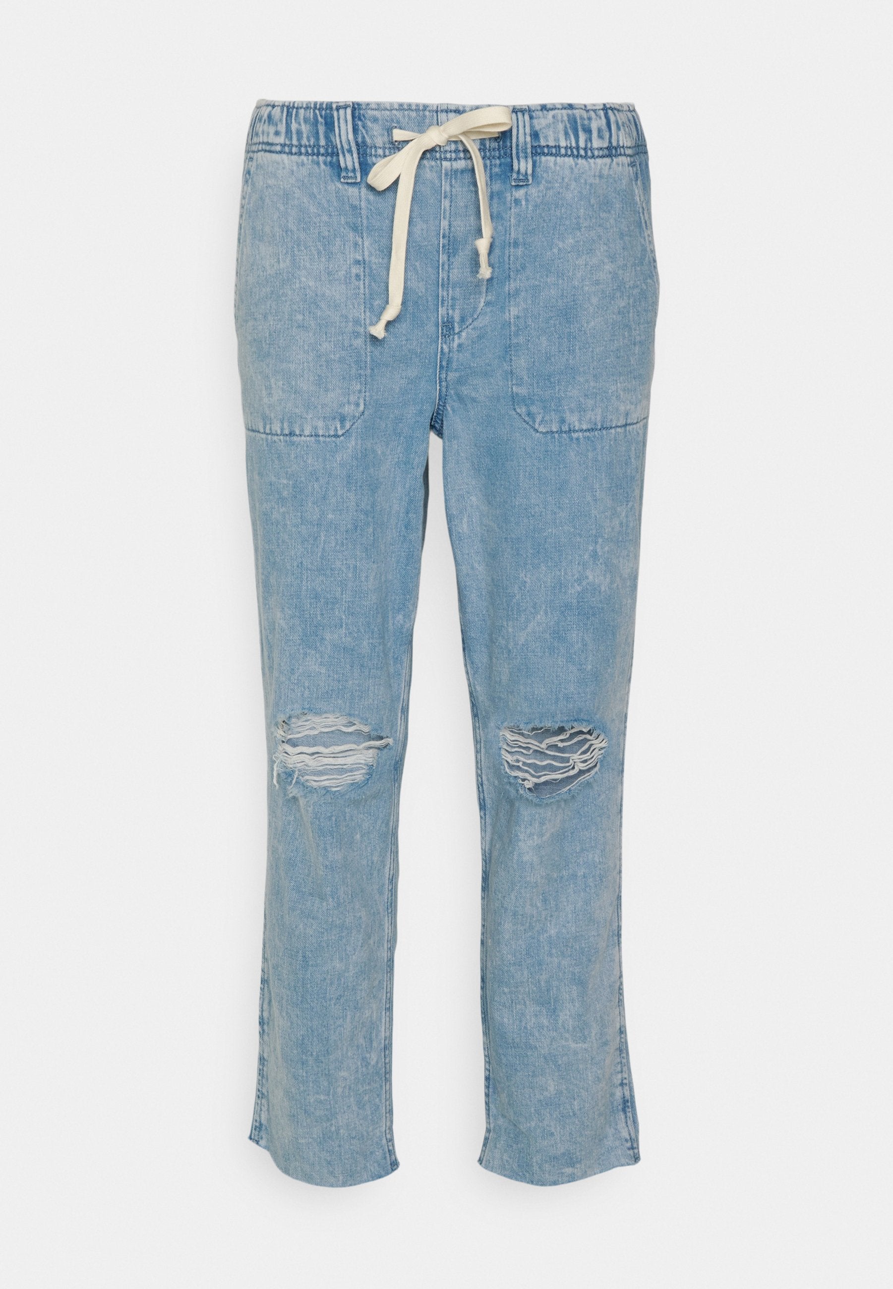 Hellblaue Denim-Jogginghosen mit elastischem Bund, Zugband, zwei Fronttaschen und sichtbarem Used-Look an den Knien.