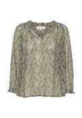 Durchsichtige Bluse mit langen Ärmeln und V-Ausschnitt; mit einem Blumenmuster in Grün, Weiß und Gelb auf schwarzem Hintergrund. Weiches, leichtes Material.