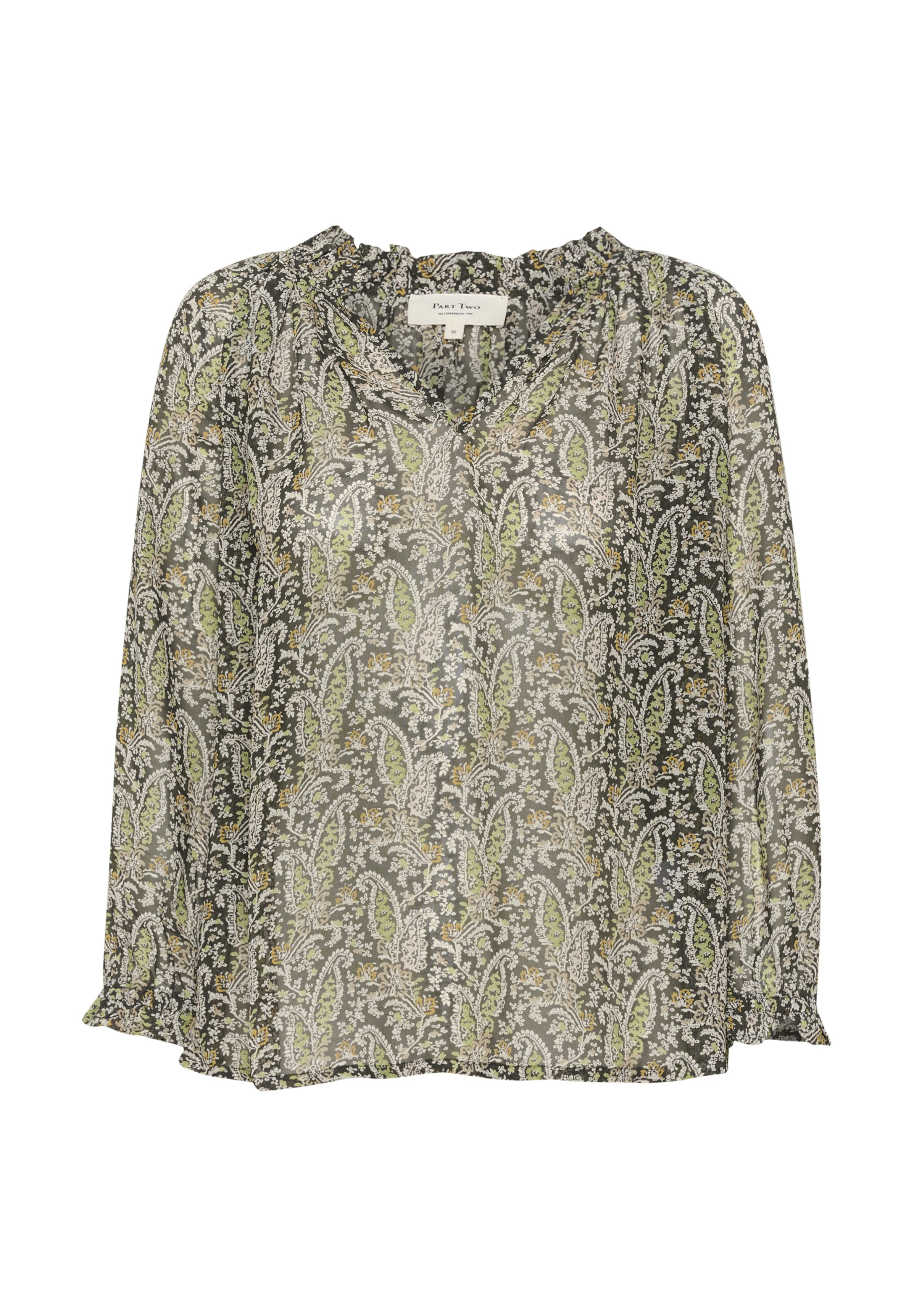 Durchsichtige Bluse mit langen Ärmeln und V-Ausschnitt; mit einem Blumenmuster in Grün, Weiß und Gelb auf schwarzem Hintergrund. Weiches, leichtes Material.