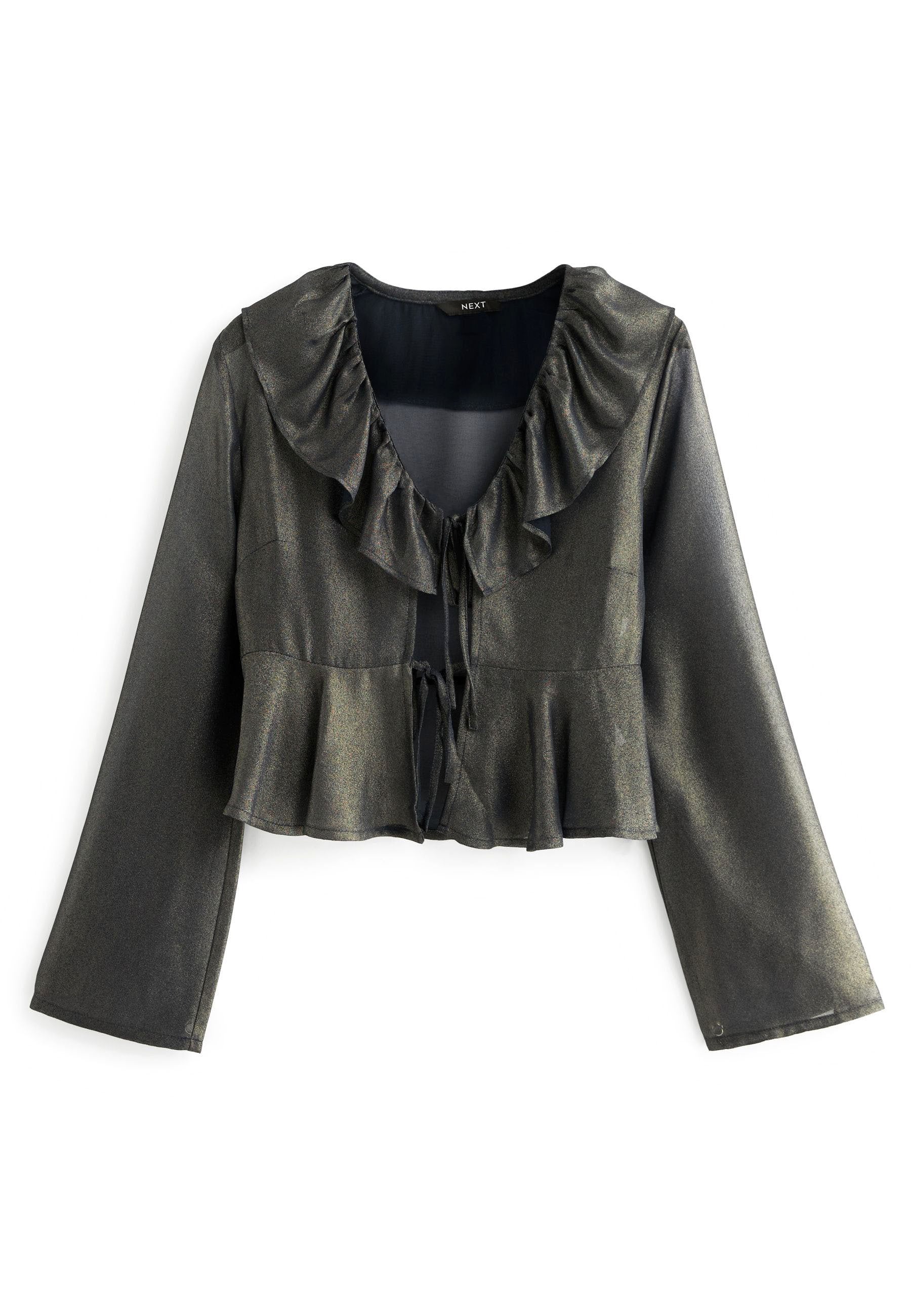 Schwarze, metallische, verkürzte Jacke mit einem gerüschten Kragen, langen Ärmeln und einem Peplum-Saum, der an der Vorderseite mit einer Schleife zum Verschließen versehen ist.
