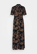 Schwarzes Hemdkleid aus Stoff mit abstrakten sandfarbenen Mustern, mit kurzen Ärmeln, einem taillierten Bund und maxi Länge.